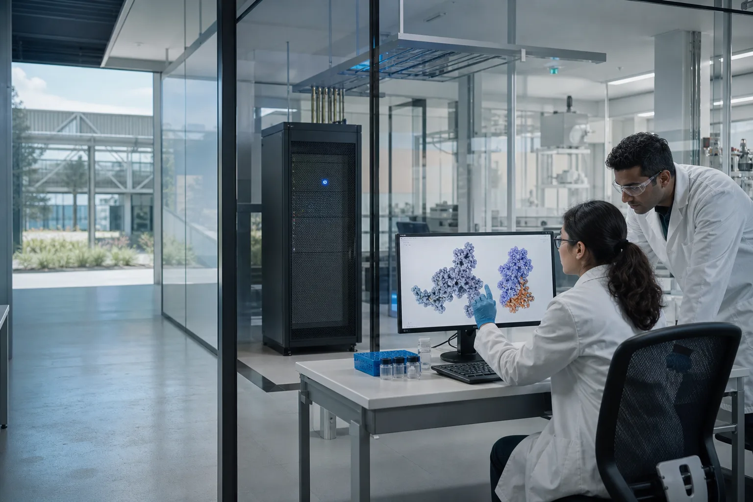 Two life-sciences researchers reviewing molecular imaging beside secure on-site compute